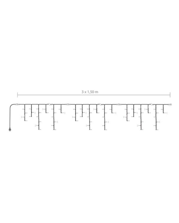 Diagram over en lyskæde med dimensioner på 3 x 1,5 meter, designet med vertikale sektioner og jævnt fordelte LED-lys. Perfekt til dekorativ belysning af facader eller større udendørs rum.
