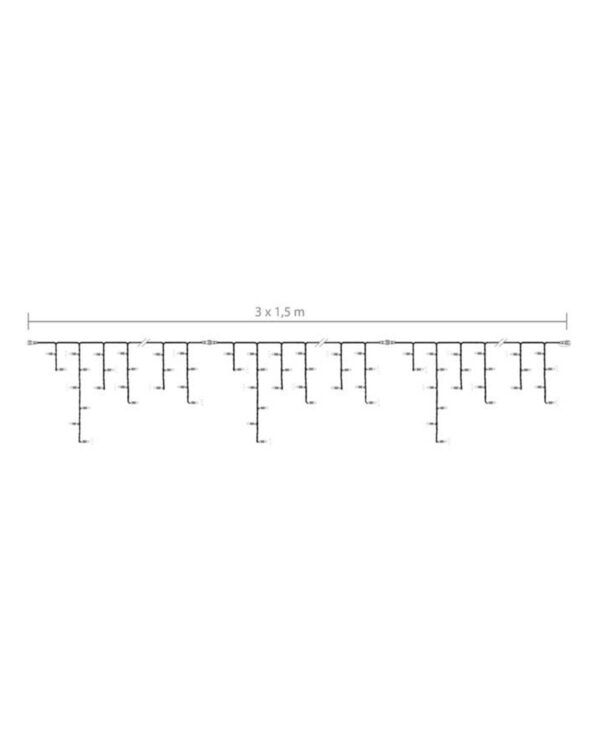 Diagram over en lyskæde med et 3 x 1,5 meter design, hvor flere vertikale sektioner hænger ned med jævnt fordelte LED-lys. Perfekt til dekorativ belysning af større facader eller udendørs rum.