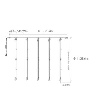 Diagram over en lyskæde med dimensionerne 1,5 meter i længde og 21,6 meter i højde, med fem vertikale sektioner med LED-lys, ideel til udendørs dekorative belysningsinstallationer.