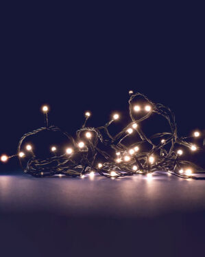 En gren af et juletræ dekoreret med varm-hvide LED-lys og en enkelt guldkugle. De små lys er jævnt fordelt mellem de grønne nåle, hvilket skaber en festlig og hyggelig julestemning."