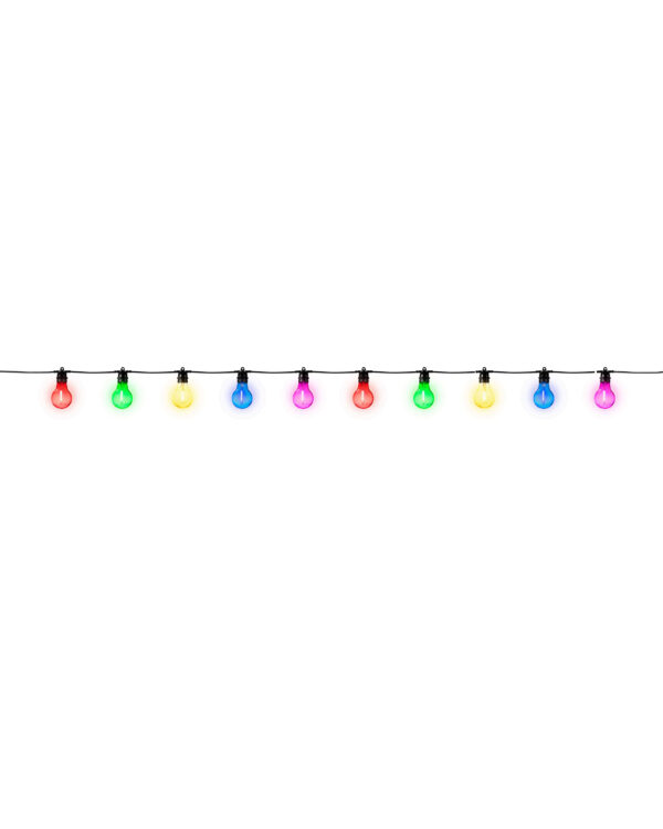 Den perfekte lange festlyskæde med farvede plastikpærer med multifarvet LED lys.
