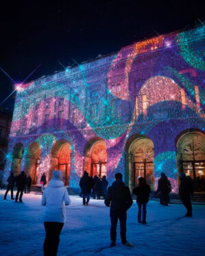 En smukt oplyst bygning dækket af RGB LED-lysgardiner, der skaber en magisk atmosfære med farverige lysmønstre. Snebeklædt grund og mennesker nyder det imponerende vinterlandskab og lysinstallation.