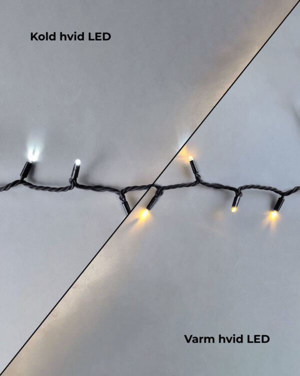 Dual color af LED-lyskæde med kold hvid og varm hvid belysning. Kæden vises opdelt diagonalt for at illustrere forskellen i lysfarve.