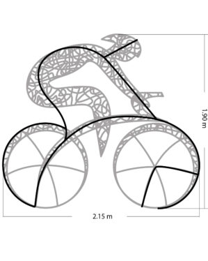 Illustration af dekorativ cykel-motiv med mål: 2,15 meter i længde og 1,90 meter i højde. Ideel til byrum og tematiske udsmykninger.