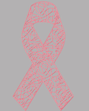 Illustration af et stort lyserødt bånd med indviklede linjemønstre, placeret mod en lys grå baggrund, symboliserer støtte til brystkræftbevidsthed.