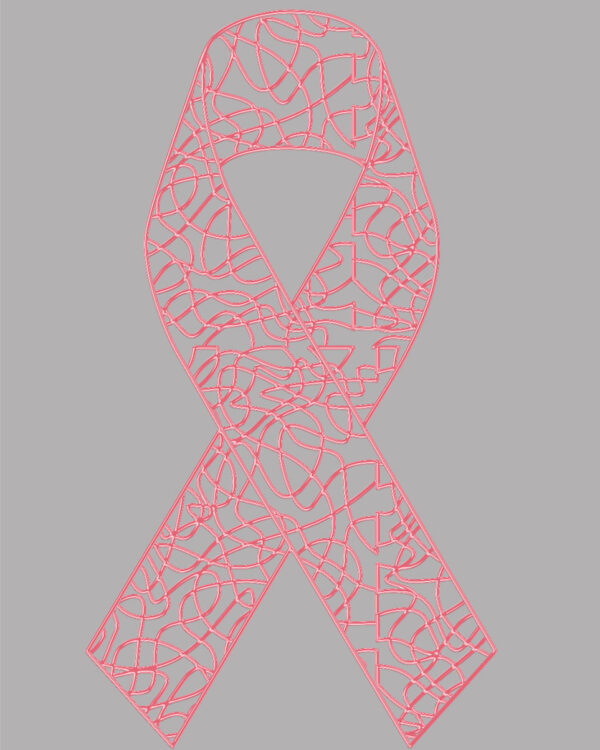 Illustration af et stort lyserødt bånd med indviklede linjemønstre, placeret mod en lys grå baggrund, symboliserer støtte til brystkræftbevidsthed.