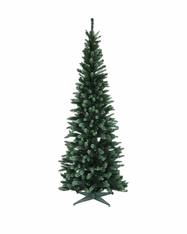 Slankt kunstigt juletræ med pe og pvc grene der har et naturligt udseende.