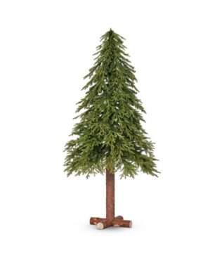 Højt opstammet juletræ på træfod med kunstige grene der hænger nedad.