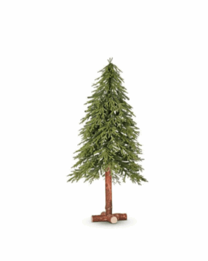 Kunstigt opstsmmet juletræ på en træfod med kunstige grene der hænger nedad.