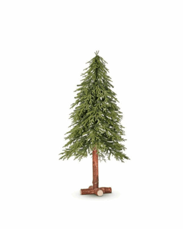 Kunstigt opstsmmet juletræ på en træfod med kunstige grene der hænger nedad.