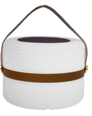 Transportabel lampe med rgb lys og flotte læderlook detaljer.