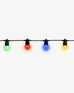Festoon-lyskæde med farvede LED-pærer i grøn, rød, blå og gul. Perfekt til udendørs brug ved festivaler, gadefester, sommerarrangementer og dekorativ belysning.