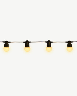 Festoon-lyskæde med varm hvide LED-pærer og sorte fatninger. Ideel til stemningsfuld belysning ved caféer, gårdhaver, terrasser og professionelle udendørs arrangementer.
