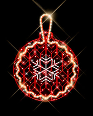 Lysende julemotiv formet som en rød julekugle med hvid snefnug i midten og bølget kant af varme LED-lys, perfekt til festlig by- eller facadeudsmykning.