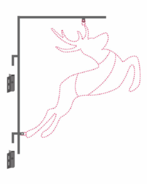 Illustration af beslagmontering til lyselement med rensdyrmotiv, monteret på facadearm. Viser fastgørelse i top og bund for stabil opsætning af dekorationsmotiv udendørs.