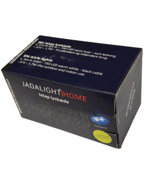 Produktæske til JadaLight Home istap lyskæde med 150 varm hvide LED-lys på sort kabel, 5 meter længde, til både indendørs og udendørs brug.