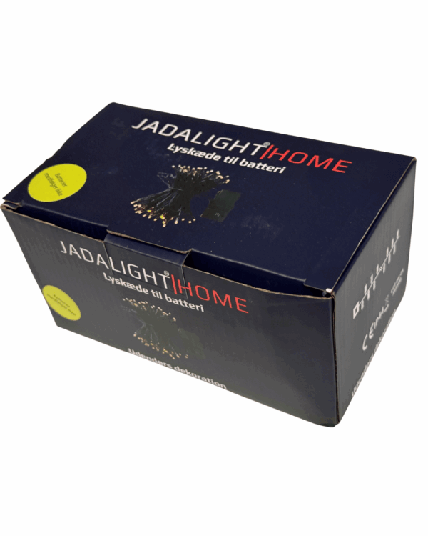 JadaLight Home lyskæde til batteri i original emballage. Blå æske med produktbillede og specifikationer, velegnet til dekorativ belysning både indendørs og udendørs, fleksibel anvendelse.