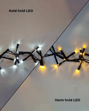 Dual color kold hvid og varm hvid LED-lyskæde med sort kabel. Viser tydelig forskel i lysfarve - kold hvid giver klar glød, varm hvid skaber hyggelig stemning.