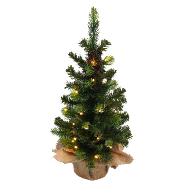 Lille kunstigt juletræ med varm hvid LED-belysning og naturtro grene. Leveres i julepose - ideelt til borde, receptioner eller vinduesdekorationer i juletiden.