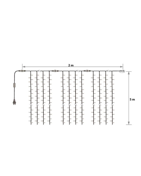 Teknisk illustration af lysgardin med 2 meters bredde og 5 meters højde. Viser LED-lyskæder, stikforbindelser og mål til professionel opsætning udendørs.