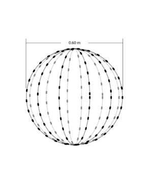 Teknisk illustration af en 60 cm lyskugle med lodrette LED-strenge markeret i sort og grå, vist som en rund kuglekonstruktion med mål angivet øverst.