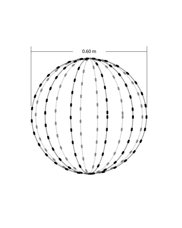 Teknisk illustration af en 60 cm lyskugle med lodrette LED-strenge markeret i sort og grå, vist som en rund kuglekonstruktion med mål angivet øverst.