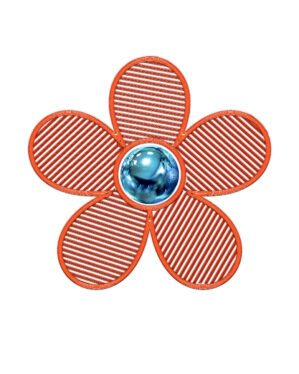 Orange 3D-blomst i let konstruktion med dekorativ kugle i centrum, velegnet til professionel udsmykning i byrum, facader og events med fokus på farve og form.