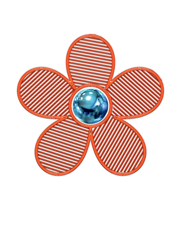 Orange 3D-blomst i let konstruktion med dekorativ kugle i centrum, velegnet til professionel udsmykning i byrum, facader og events med fokus på farve og form.