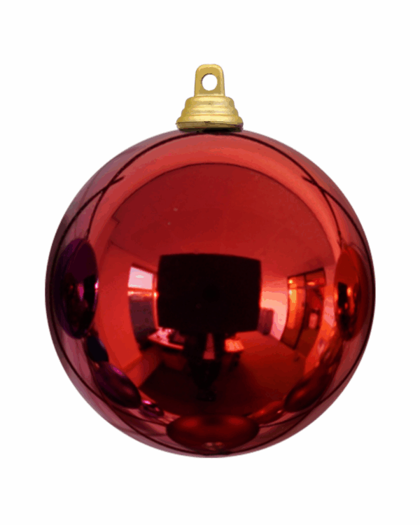 En skinnende rød julekugle med en gylden ophængstop, reflekterende overflade og klassisk design, perfekt til juletræer, dekorationer eller festlig udsmykning i hjemmet eller erhvervslokaler.