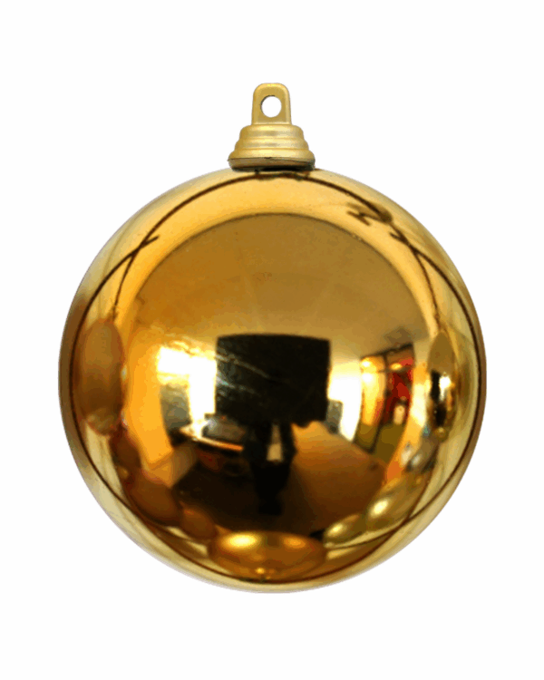 Spejlblank julekugle i gylden farve med højglans overflade og guldophæng. Kuglens reflekterende finish skaber et elegant og eksklusivt juleudtryk.