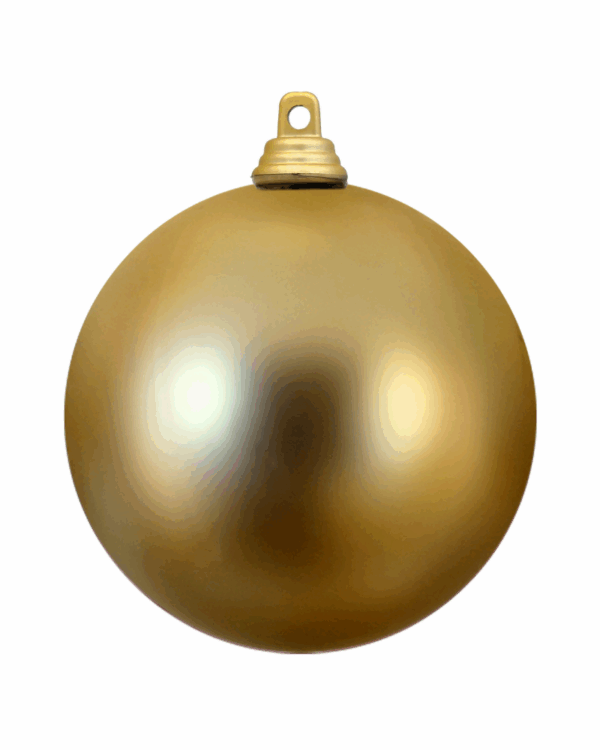 Mat guld julekugle i brandhæmmende plast, med hvid baggrund.