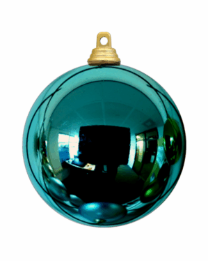 Blank lysblå julekugle i skinnende plast med guldfarvet ophæng, velegnet til juletræer, dekorationer og professionel juleudsmykning i butikker, byrum, events og vintermiljøer indendørs og udendørs