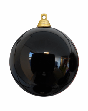 Blank sort julekugle i skinnende plast med guldfarvet ophæng, velegnet til juletræer, dekorationer og professionel juleudsmykning i butikker, byrum, events og vintermiljøer indendørs og udendørs