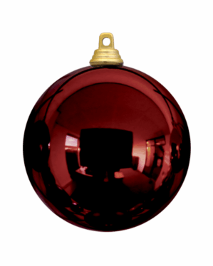 Blank burgundy julekugle i skinnende plast med guldfarvet ophæng, velegnet til juletræer, dekorationer og professionel juleudsmykning i butikker, byrum, events samt vintermiljøer indendørs og udendørs
