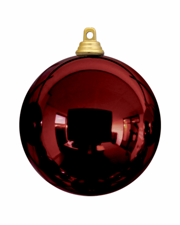 Blank burgundy julekugle i skinnende plast med guldfarvet ophæng, velegnet til juletræer, dekorationer og professionel juleudsmykning i butikker, byrum, events samt vintermiljøer indendørs og udendørs