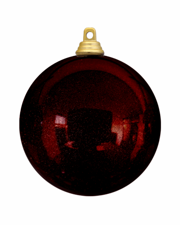 Mat burgundy julekugle i plast med fin glittereffekt og guldfarvet ophæng, velegnet til juletræer, dekorationer og professionel juleudsmykning i butikker, byrum og events indendørs samt udendørs.