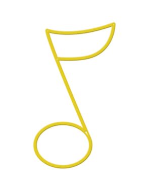 Gul 2D-musiknode i minimalistisk stregdesign til ophæng, velegnet som dekorativ udsmykning i byrum, events og kulturelle installationer med let, legende udtryk, året rundt, visuelt blikfang.
