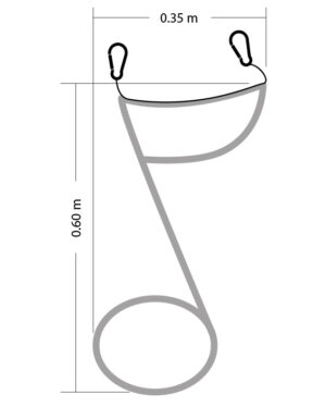 Teknisk tegning af musiknode til ophæng med karabinhager, mål angivet 0,60 meter høj og 0,35 meter bred, velegnet til dekorative installationer.