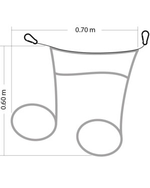 Teknisk tegning af 2D-musiknode i bioprint med ophæng, mål 0,70 x 0,60 meter, vist med wire, karabinhager og monteringspunkter til professionelle installationsløsninger udendørs og indendørs.
