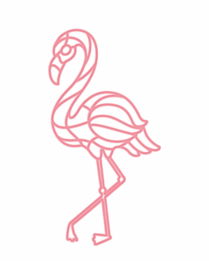 Pink 2D-flamingo i bioprint med elegante linjer, velegnet til sommerudsmykning i byrum, facader og ophængte installationer.
