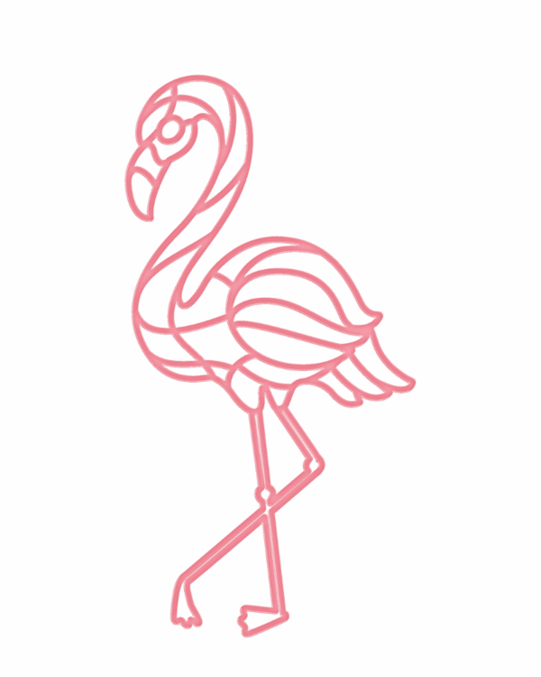 Pink 2D-flamingo i bioprint med elegante linjer, velegnet til sommerudsmykning i byrum, facader og ophængte installationer.