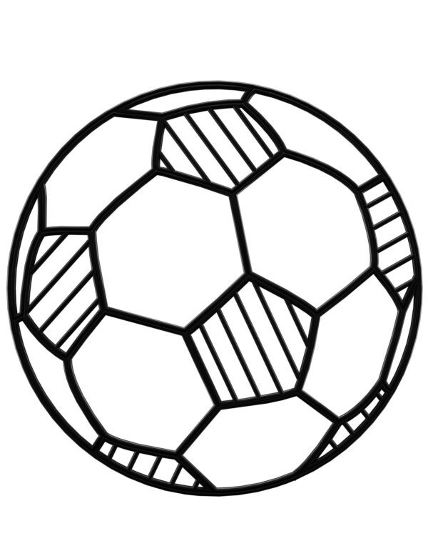 Sort grafisk 2D-fodbold i bioprint til ophæng, egnet til byrum og events, med tydelig kontur, geometriske felter og let konstruktion til professionel udsmykning året rundt.