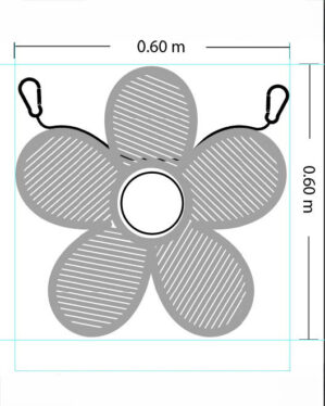 Teknisk skitse af 3D-blomsterformet dekorationsmotiv med mål 0,60 x 0,60 meter, ophæng med wire og karabinhager, beregnet til professionelle udendørs installationer og tydelig dimensionering vist