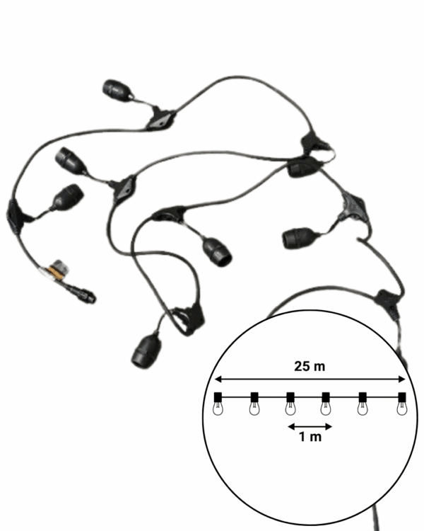 Sort 25 meter party-lyskæde med 1 meter mellem E27-fatninger, robust kabel og vandtætte stik, ideel til professionel udendørs belysning og større installationer.