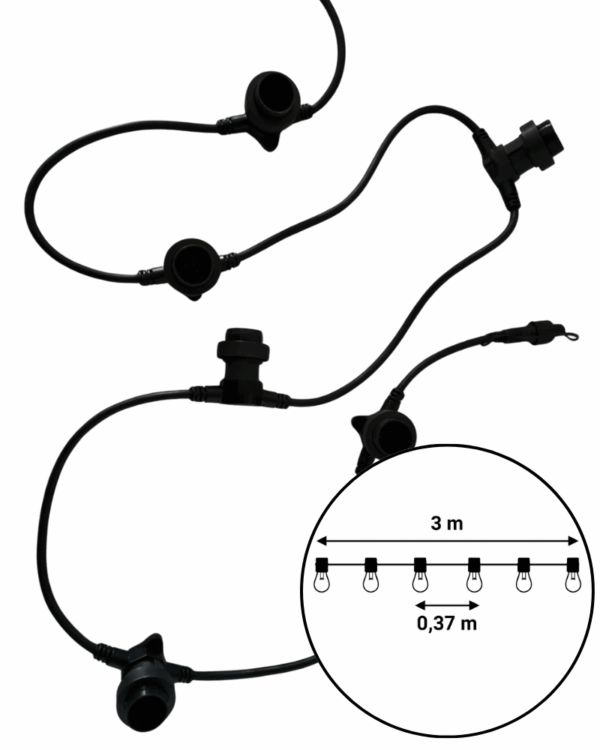 Sort 3 meter party-lyskæde med 0,37 meter mellem E27-fatninger, fleksibelt kabel og stik, velegnet til kompakte udendørs og indendørs installationer.