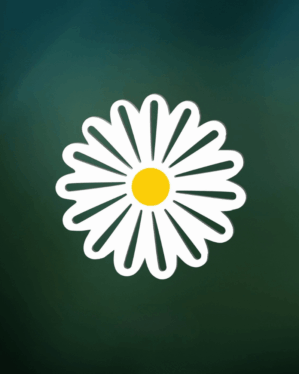 Stiliseret hvid 2D-marguerit med gul midte på grøn baggrund, enkelt blomsterikon inspireret af naturen og ofte brugt som symbol på dansk sommer.