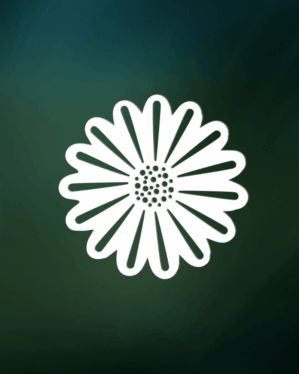 Stiliseret hvid 2D-margueritblomst uden farve i midten på grøn baggrund, enkelt grafisk blomsterikon med udskårne kronblade og dekorativt mønster i centrum.