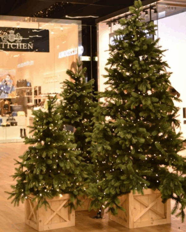 Naturtro kunstige nordmansgran juletræer med lys og i træpotte