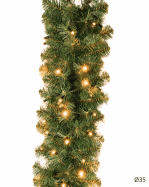 Kunstig granguirlande med tætte grønne nåle og integrerede varm hvide LED-lys, vist lodret som dekorativ julebelysning til døre, rækværk og facadeudsmykning.