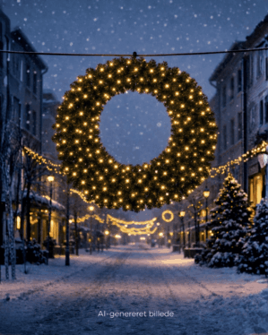 Stor oplyst julekrans med varm hvid LED hænger over snedækket gade, omgivet af guirlander og lys, som skaber hyggelig, stemningsfuld juleudsmykning i vinterligt bymiljø.